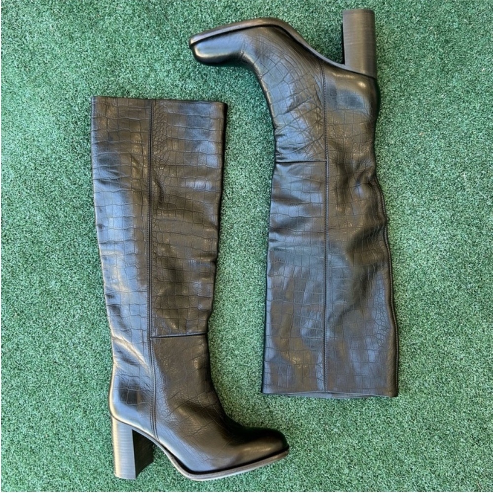 New Free People Grayson Tall Boot Leather Croc Print Black 37.5 - Picture 13 of 16